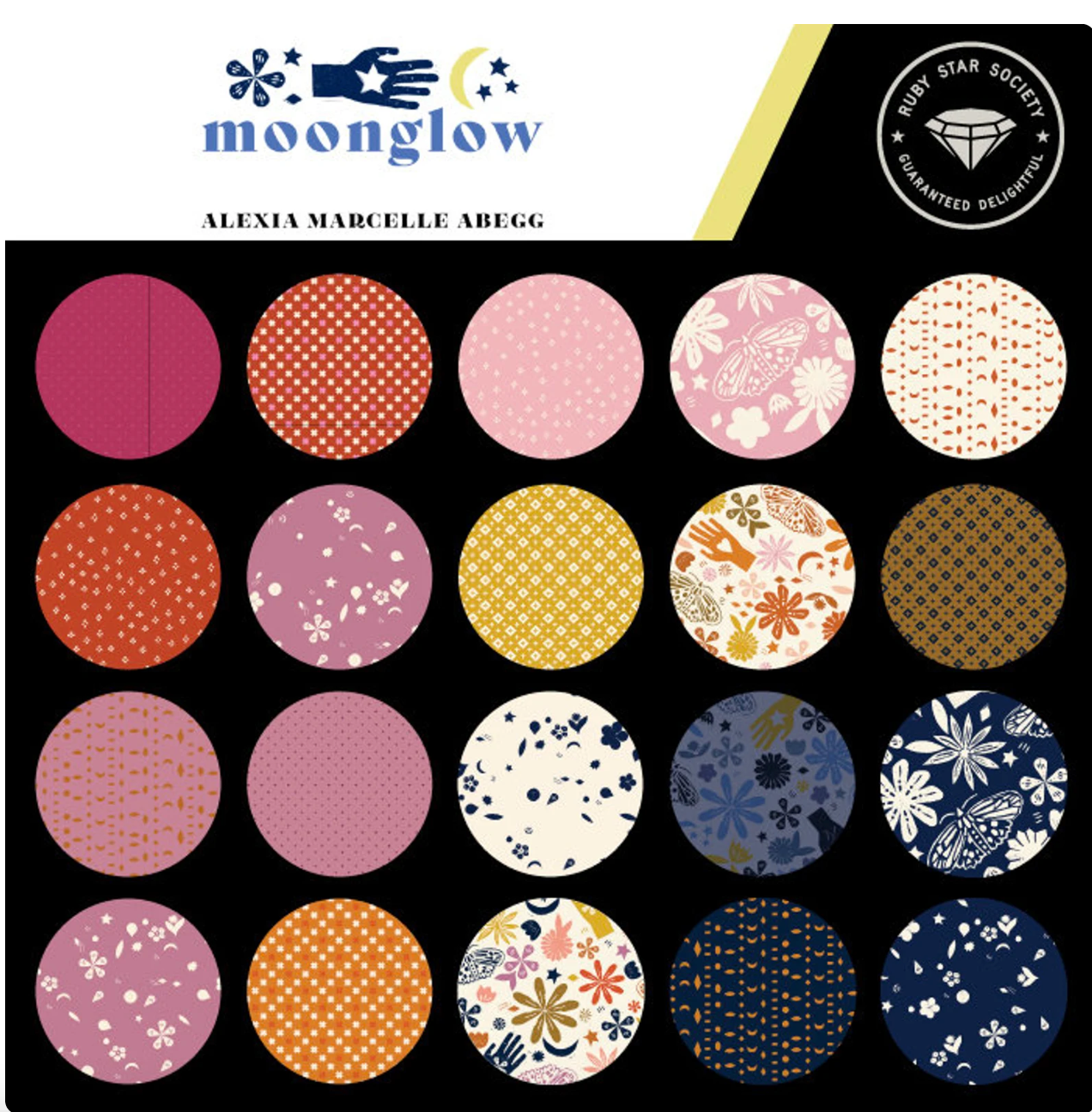 Collection of fabric swatches with various patterns and colors, featuring the brand 'moonglow'.