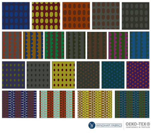 Collection of various fabric patterns with Wingham Fabrics and OEKO-TEX branding.