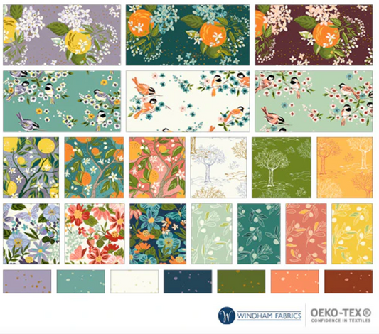 Collection of various floral and nature-themed fabric patterns with Windham Fabrics and OEKO-TEX logos.