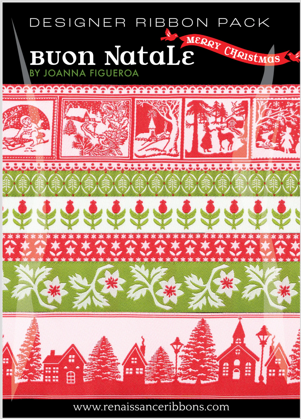 Designer ribbon pack with Christmas-themed designs on a black background