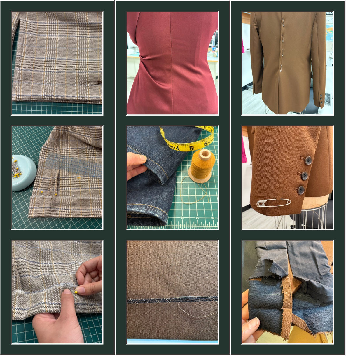 Collage of fabric samples and clothing items on a cutting mat.