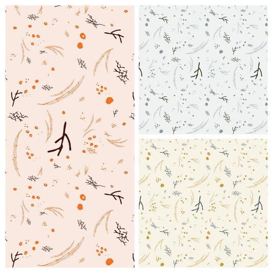 A grid of three variations of a fabric pattern in pink, yellow and blue