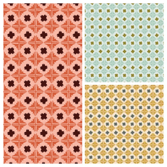 Three different geometric patterned tiles in various colors.