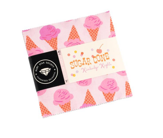 Pack of pink ice cream cone patterned fabric with a label on a white background