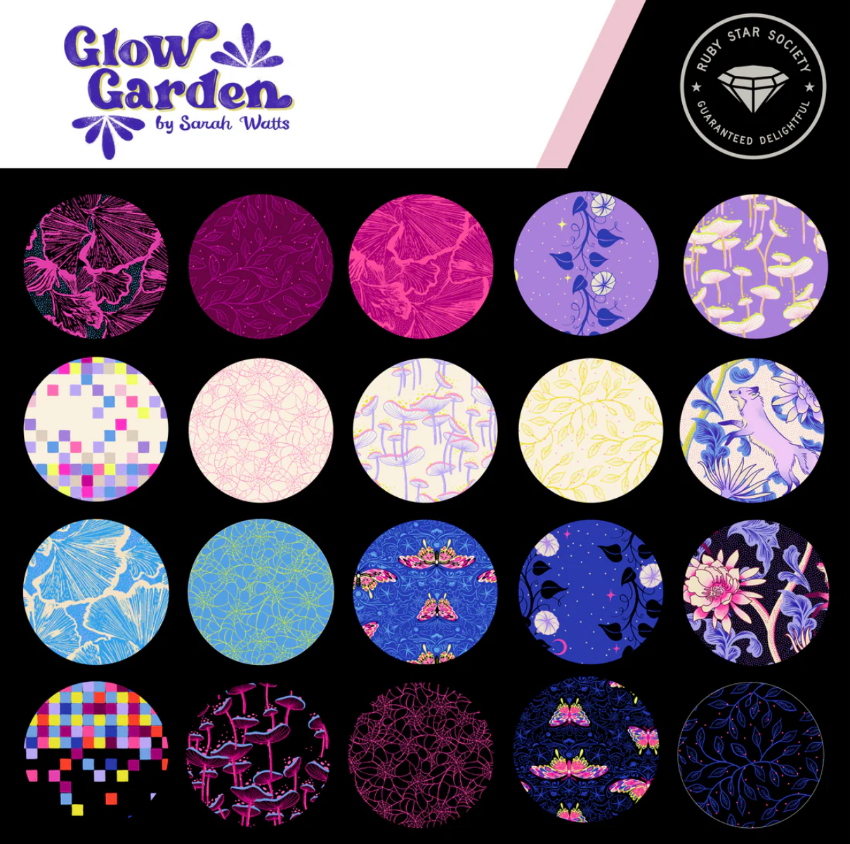 Collection of circular designs in various colors and patterns with 'Glow Garden by Sarah Watts' branding.