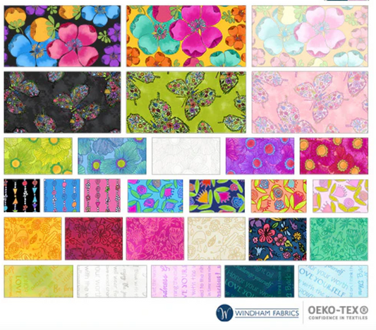 Collection of colorful fabric swatches with various patterns, featuring the Oeko-Tex logo.