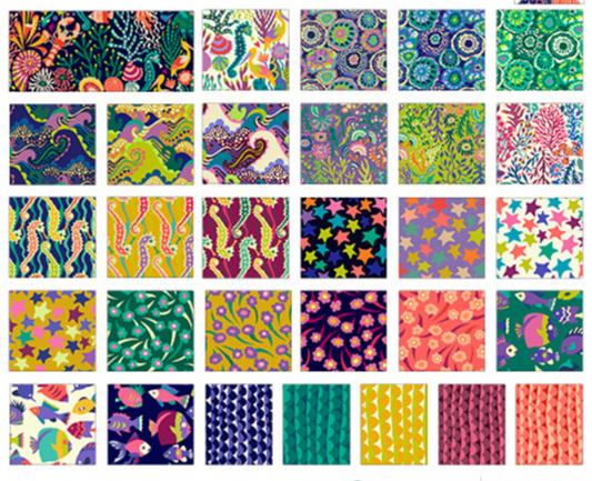 Grid of colorful aquatic fabric patterns