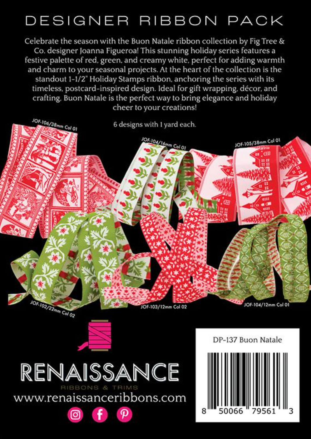 Designer ribbon pack with red and green ribbons on a black background, featuring Renaissance branding.