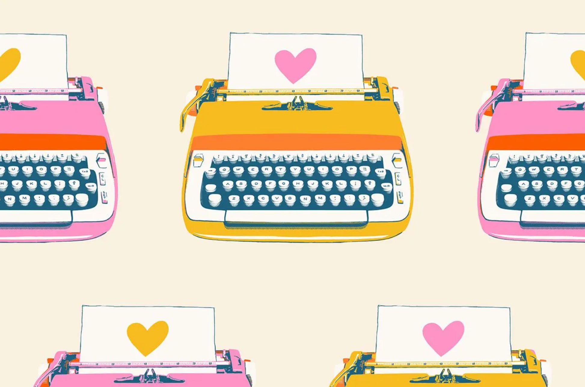 Colorful typewriters with heart symbols on a beige background
