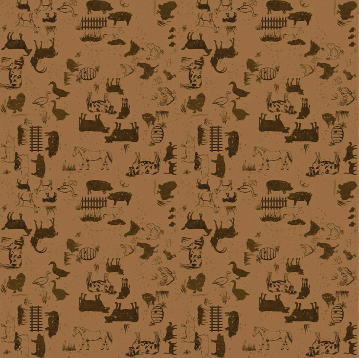 Pattern of black farm animals and structures on a brown background