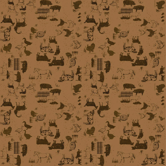 Pattern of black farm animals and structures on a brown background