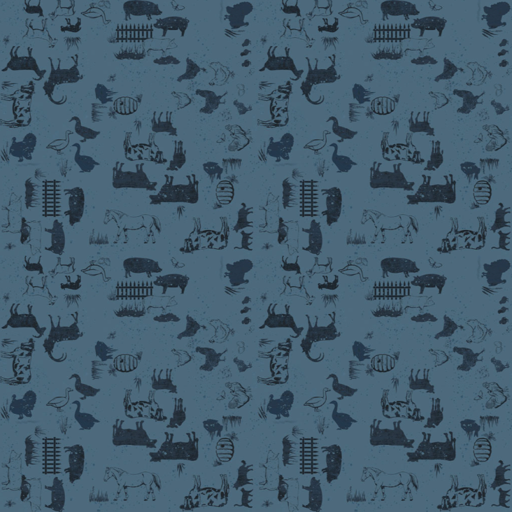Pattern of black animal illustrations on a blue background