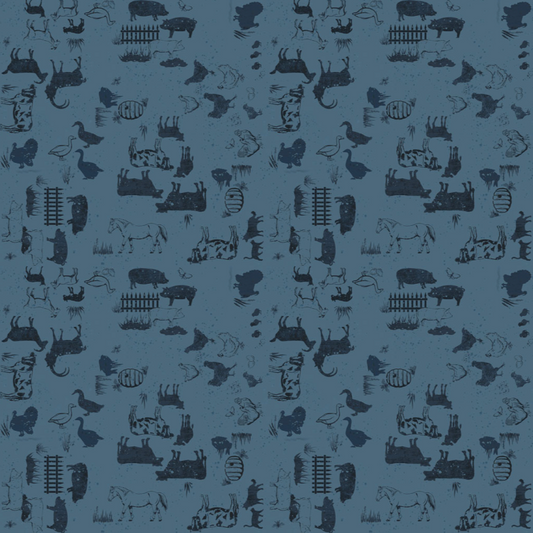 Pattern of black animal illustrations on a blue background