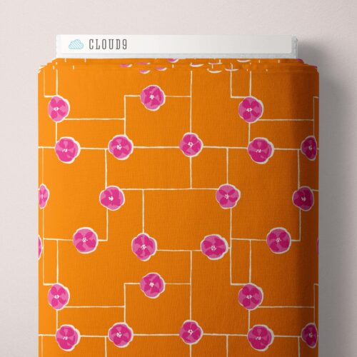Orange fabric with pink floral patterns and 'Cloud9' branding on a white background