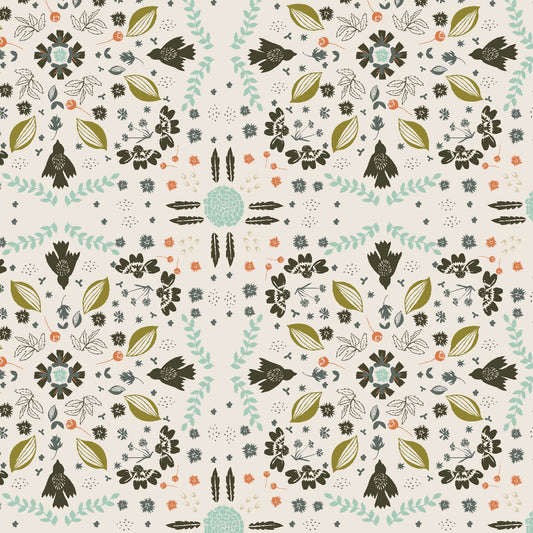 medalian style print with green and aqua leaves on white backrground