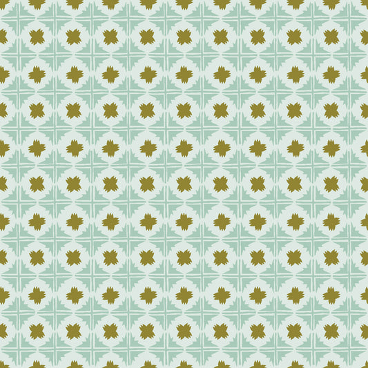 geometric patterned tiled fabric in blue 