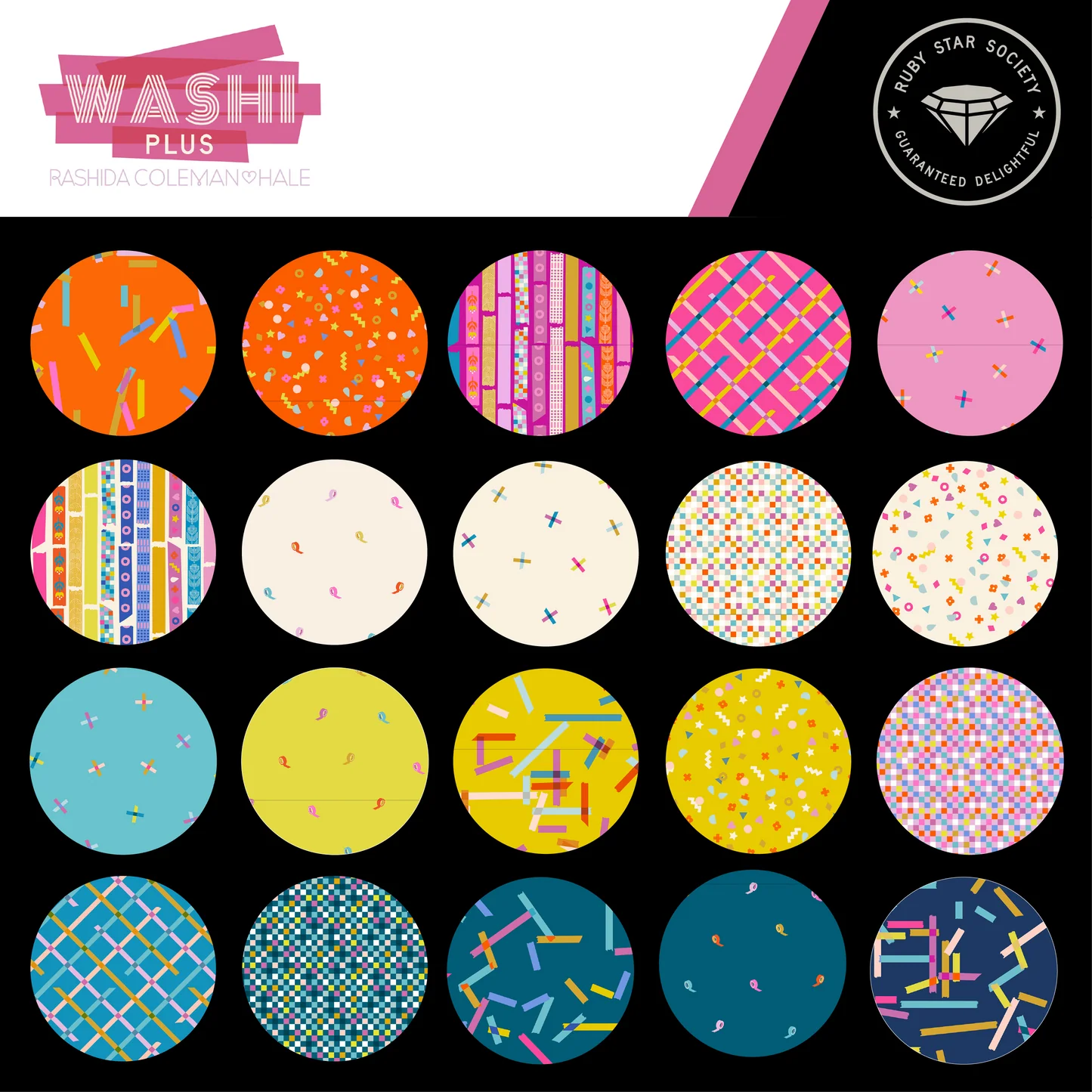 Collection of colorful washi tape rolls with various patterns on a black background, featuring the Washi Plus brand.