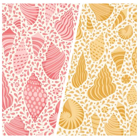 collage of pink and yellow seashells