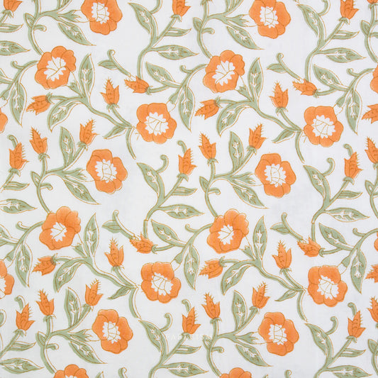 Pattern of orange flowers with green leaves on a light blue background