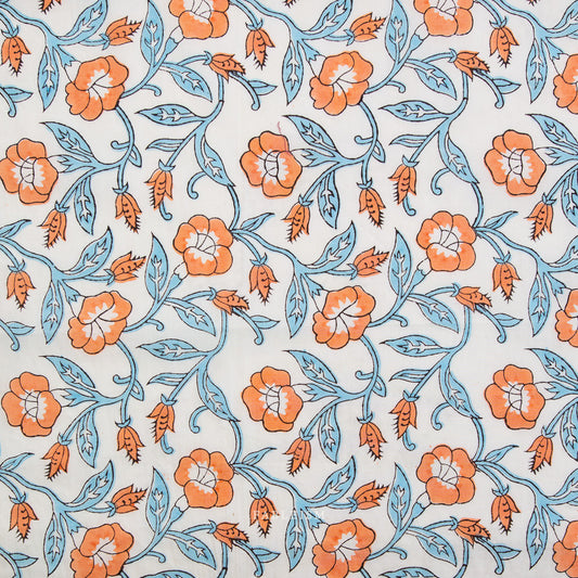 Pattern of orange flowers and blue leaves on a white background