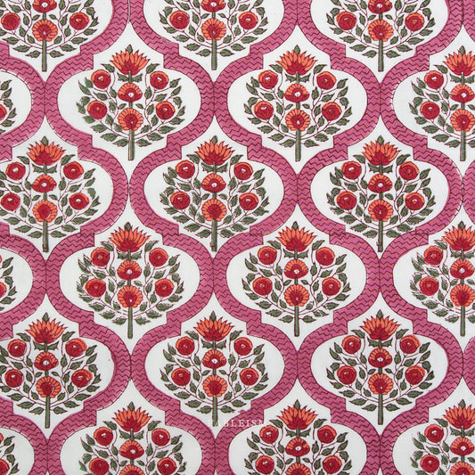Patterned fabric with red floral design on a pink background