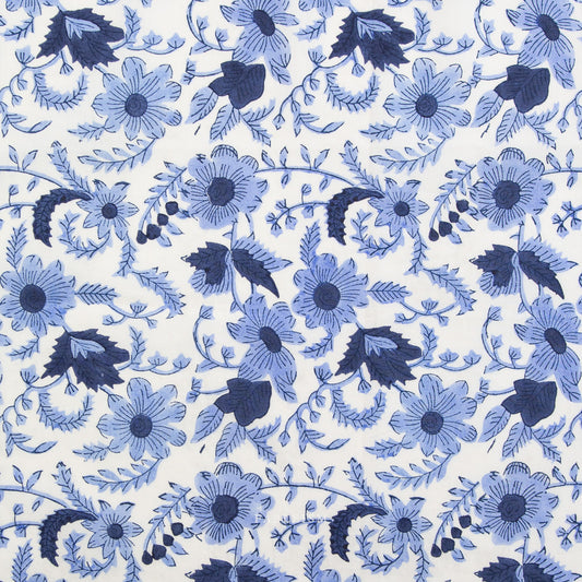 Pattern of blue flowers and leaves on a white background