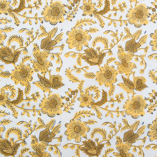 Pattern of yellow flowers and leaves on a white background
