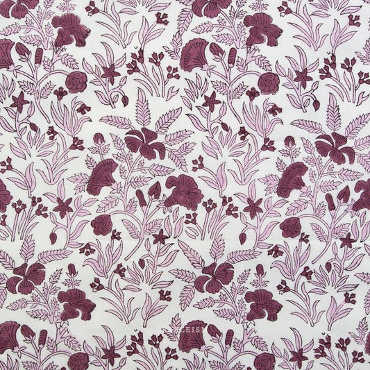 Floral pattern with purple flowers and green leaves on a light background