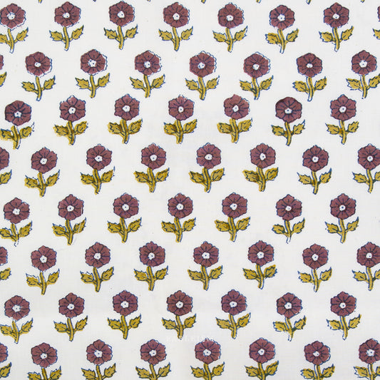 Pattern of purple flowers with green stems on a white background