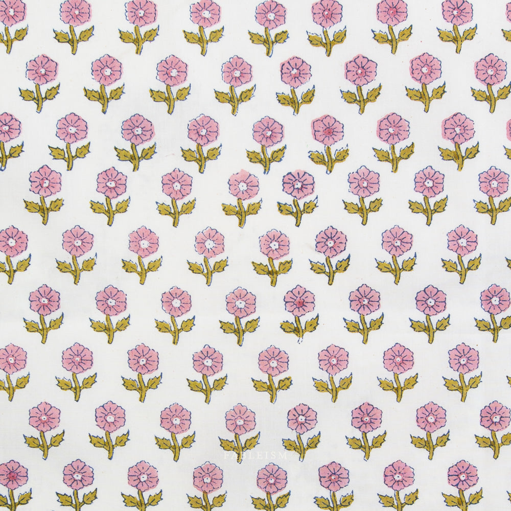 Pattern of pink flowers with green stems on a white background