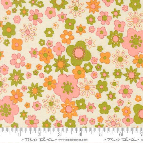 Pink, orange, and green flowers on a cream background with Moda ruler at the bottom