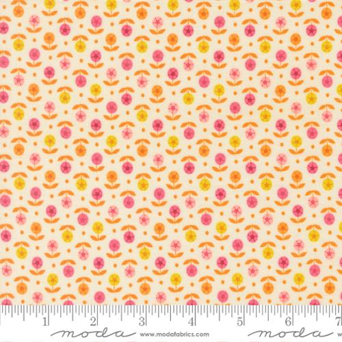 Orange, dark pink, light pink and yellow dot flowers with orange stems and leaves on a cream background with Moda ruler at the bottom