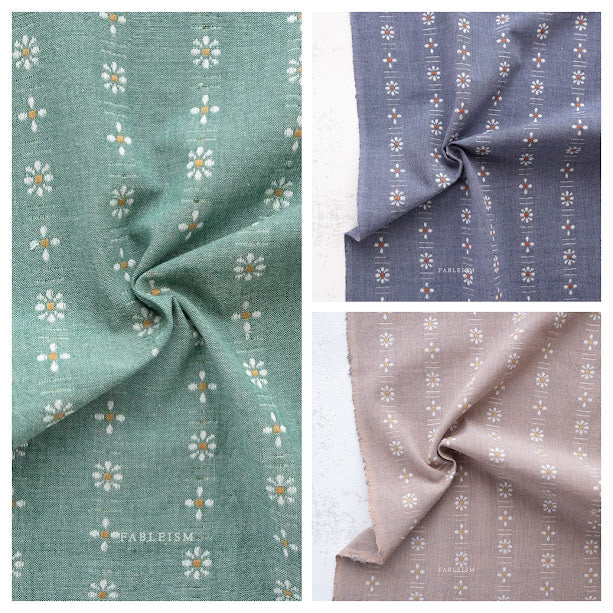 trio of woven fabrics with ivory daisies