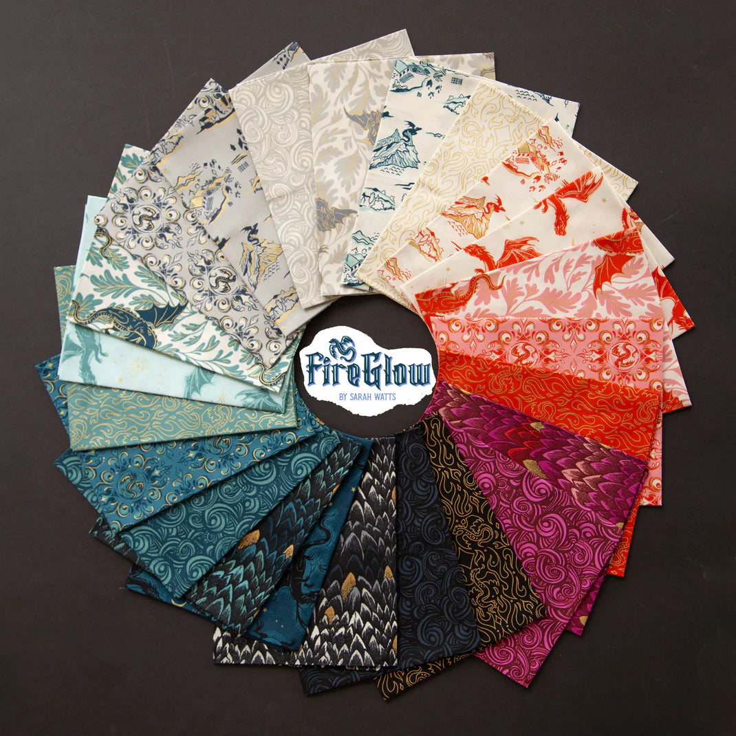 Collection of patterned fabric swatches arranged in a circular display with 'FireGlow' branding.