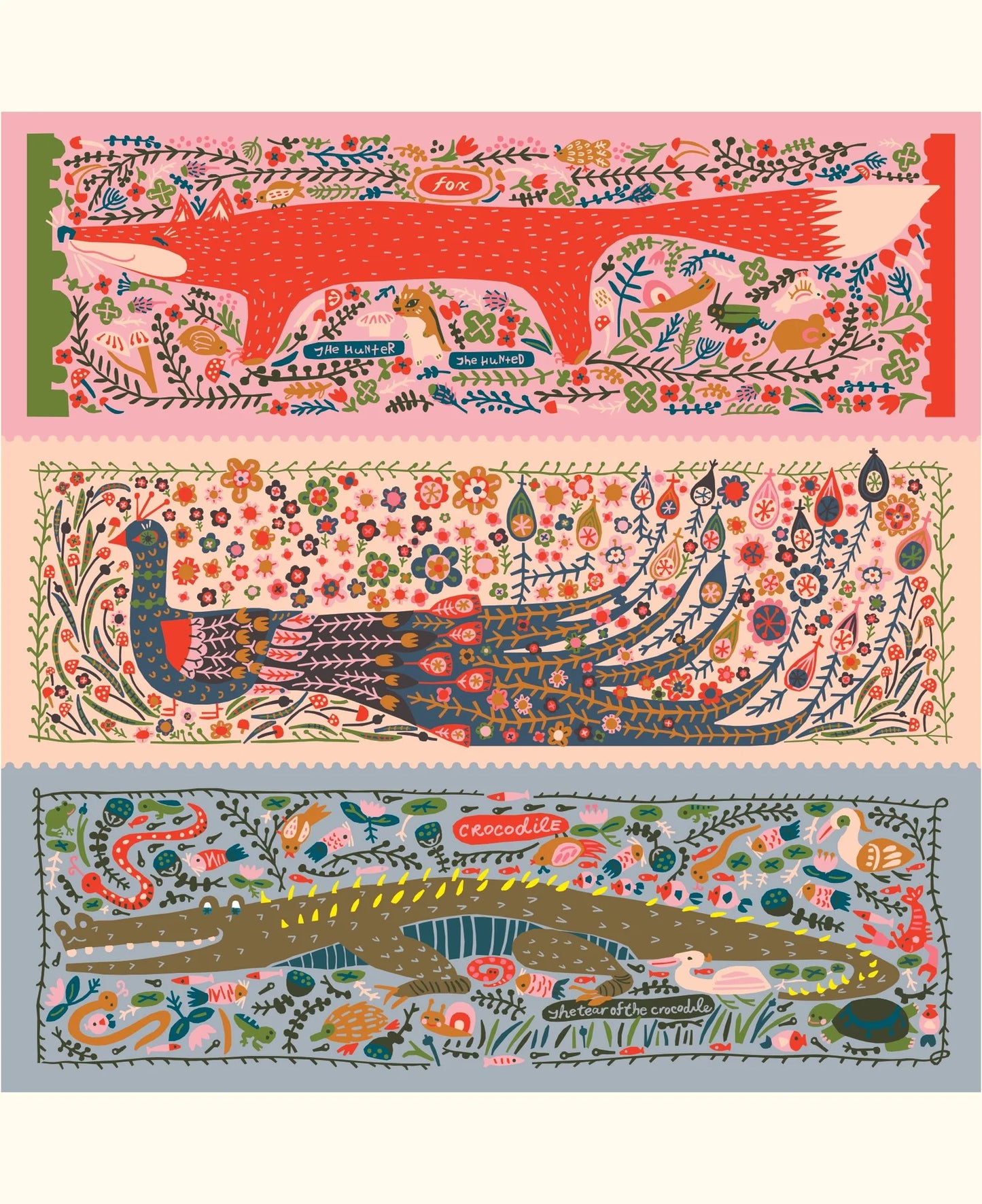 Three colorful animal-themed bookmarks with intricate designs on a white background.