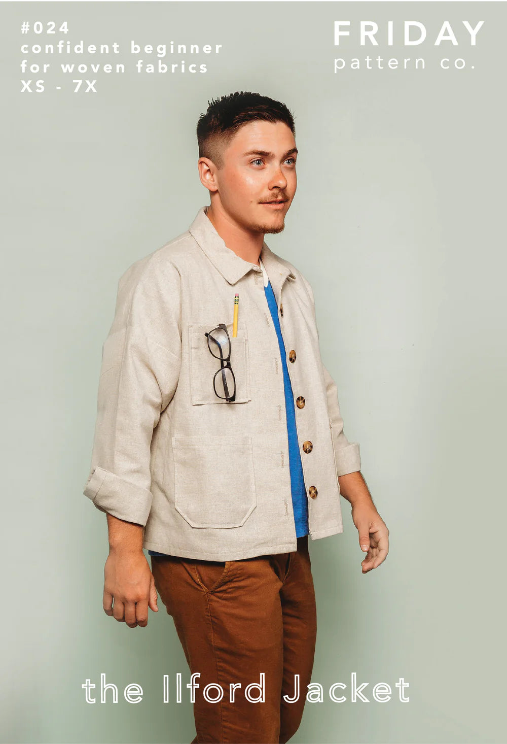 Man wearing a light-colored jacket with a blue stripe, standing against a light green background. Advert for 'The Ilford Jacket' with text overlay.