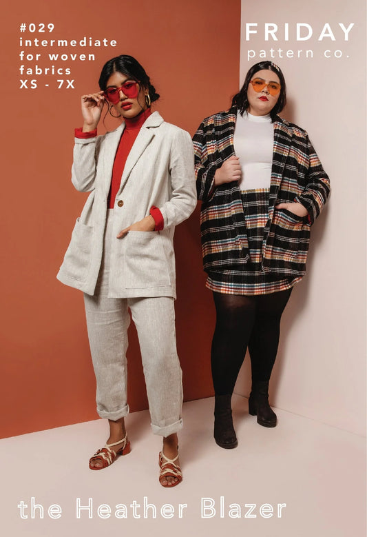 Two models wearing the Heather Blazer sewing pattern by Friday Pattern Co. 