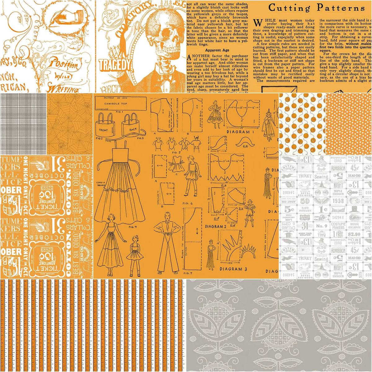 A collage of vintage-themed scrapbooking paper sheets featuring orange, white, and gray patterns with illustrations of old dresses, sewing diagrams, newspaper clippings, stripes, and floral motifs.