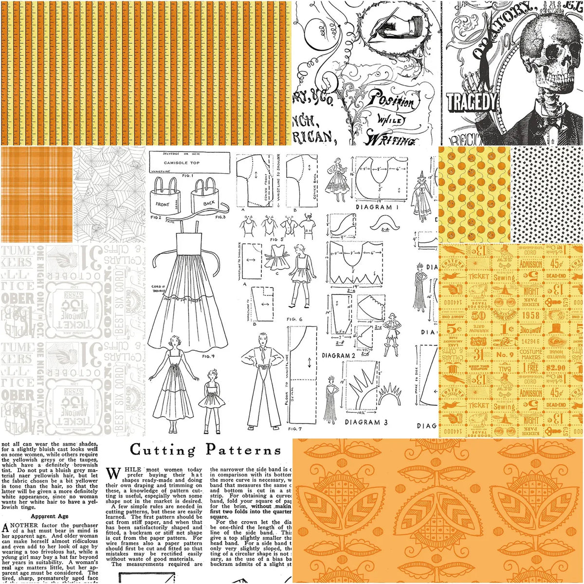 A collage of vintage newspaper clippings and printed pages in black, white, and orange tones, with a small black-and-white sketch in the upper right.