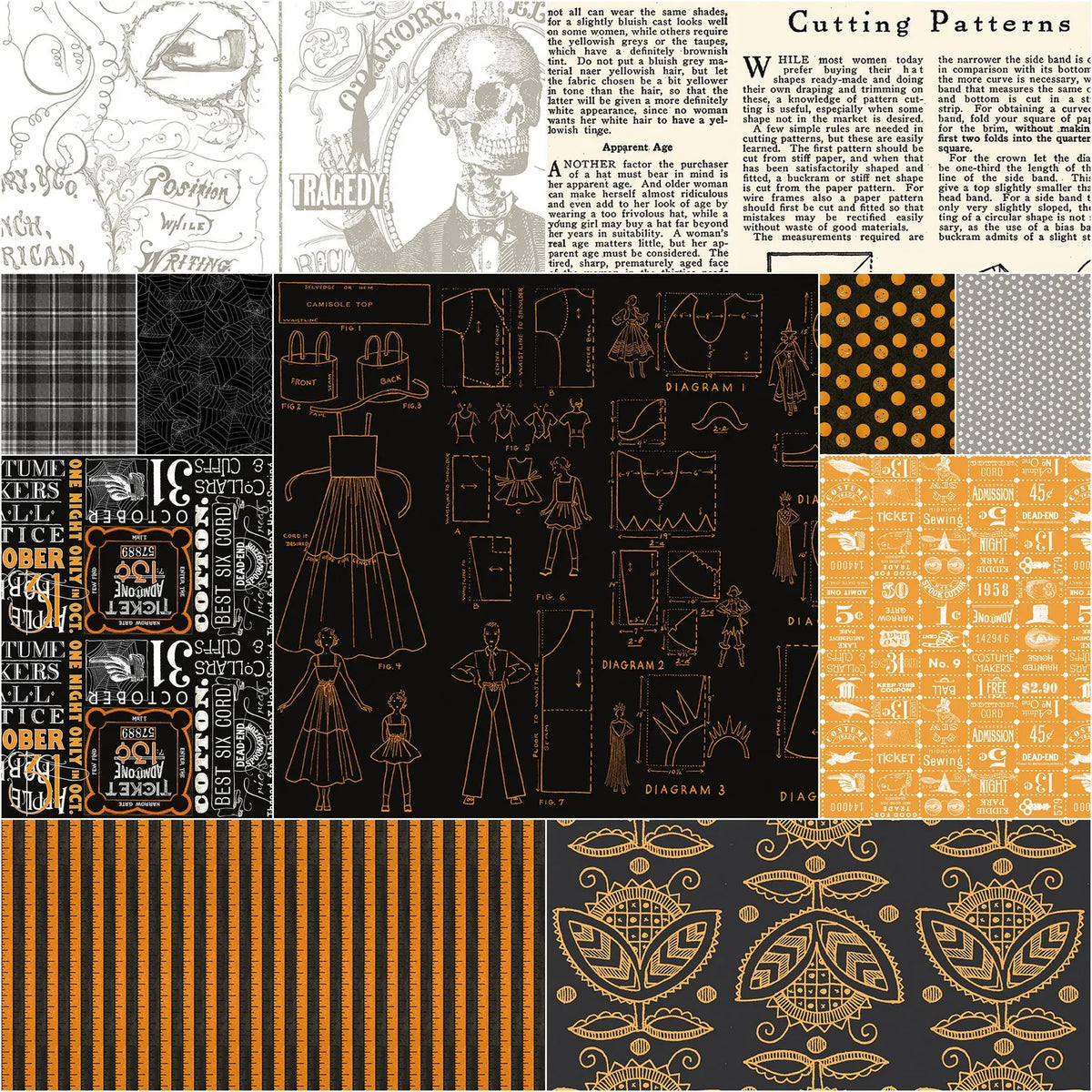A collage of multiple fabric or paper pattern swatches in black, gray, white, and orange tones, including plaid, polka dots, stripes, typography, and garment outline illustrations.