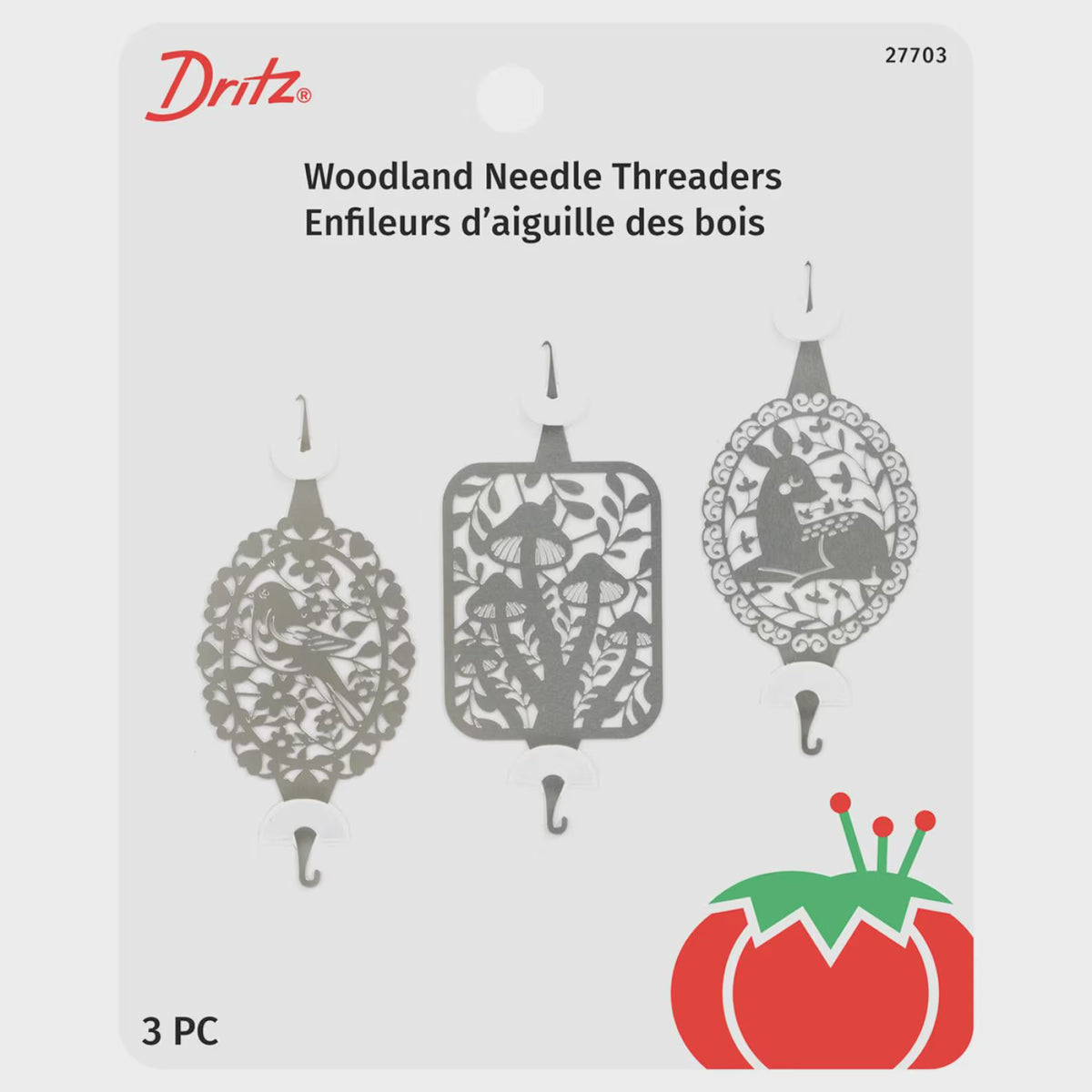 Dritz woodland needle threaders packaging with three designs on a gray background