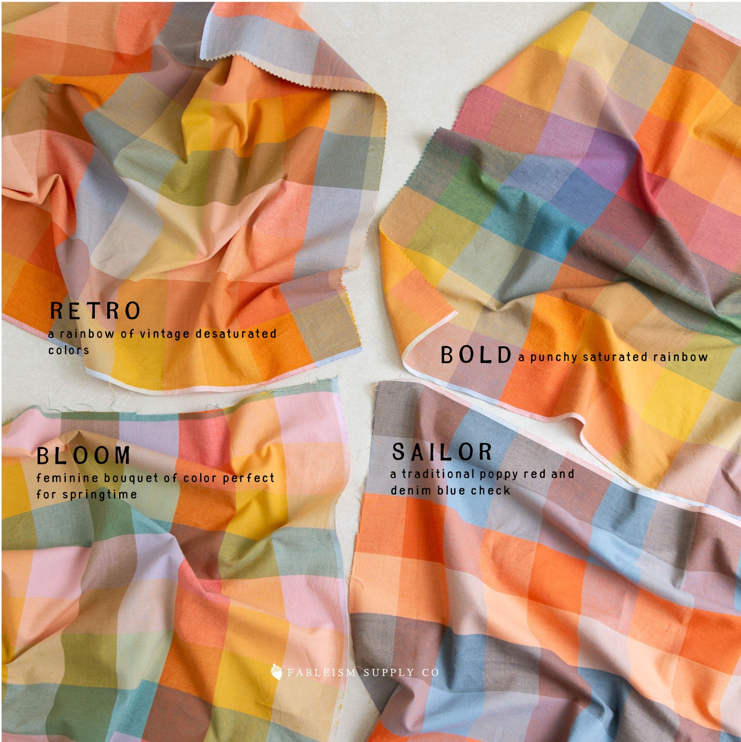Color swatches labeled 'Retro', 'Bold', 'Bloom', and 'Sailor' with fabric patterns.