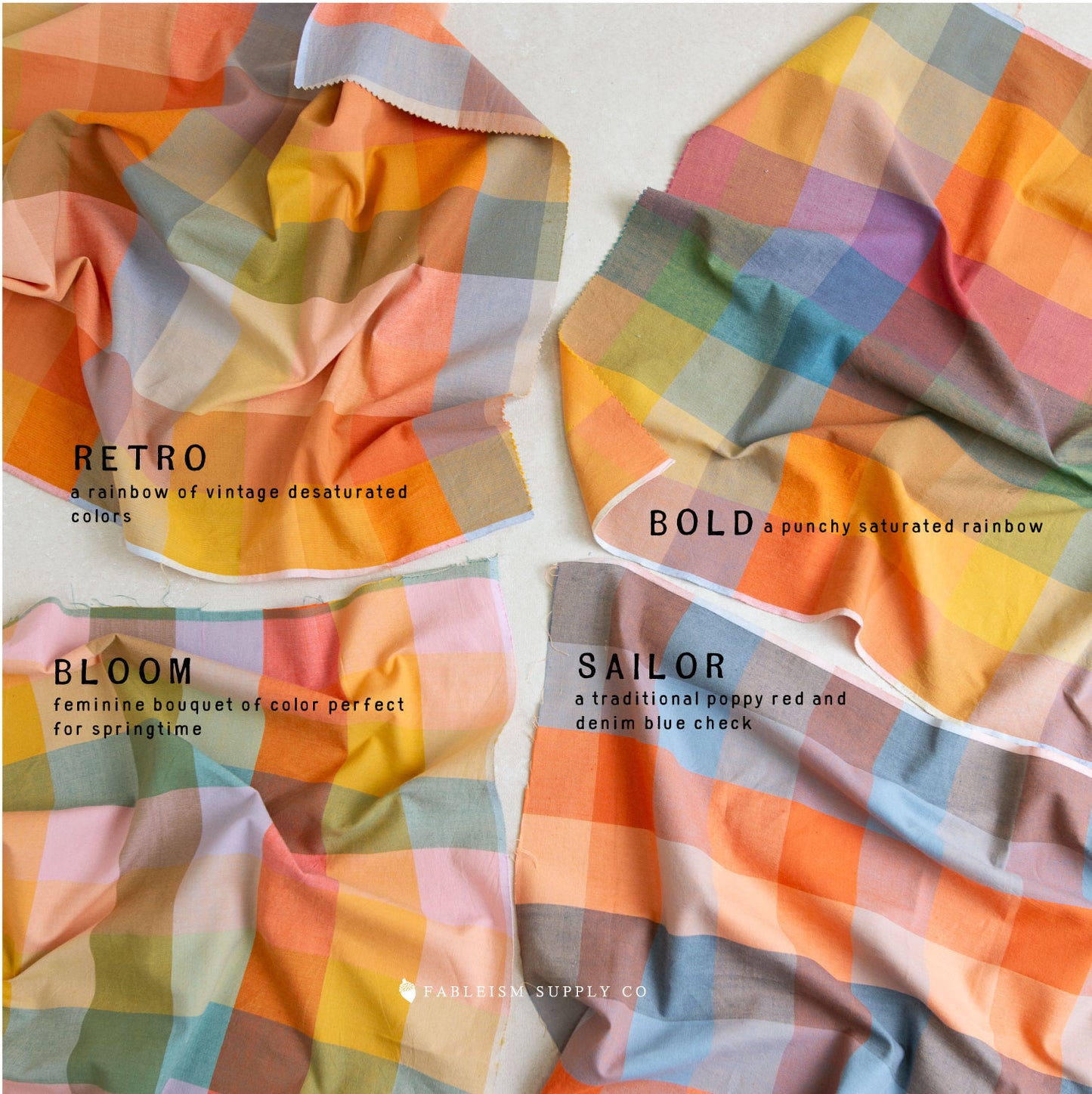 Color swatches labeled 'Retro', 'Bold', 'Bloom', and 'Sailor' with fabric patterns.