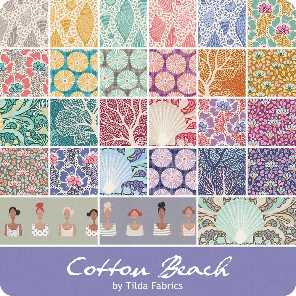 A fabric collection preview titled 'Cotton Beach' by Tilda Fabrics, featuring a grid of 24 distinct patterned swatches in pastel and bright tones, including floral, geometric, and botanical motifs, with illustrated figures along the bottom and a lavender title banner.