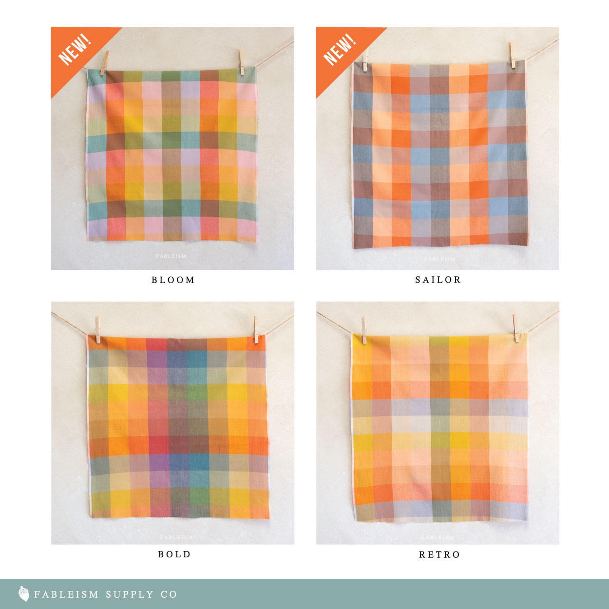 Four plaid fabric samples labeled 'Bloom', 'Sailor', 'Bold', and 'Retro' by Fableism Supply Co.