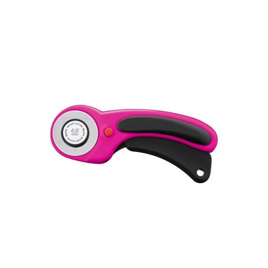 Pink and black rotary cutter on a white background