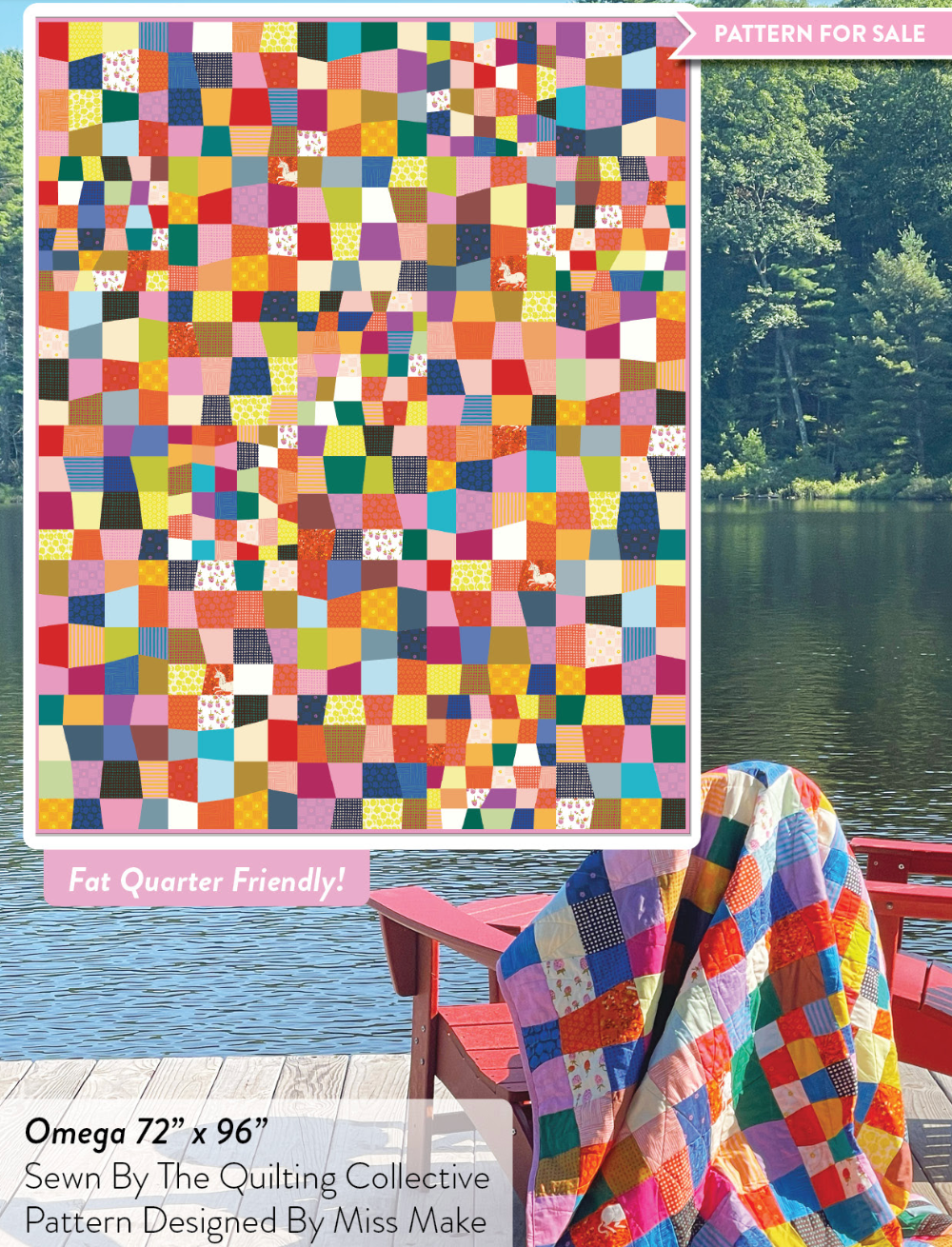 omega quilt pattern shown. very colorful and includes all 40 fabrics in the ruby and bee collection, as well as a fabric with a scattered strawberry design. image shows the quilt pattern and the real quilt itself, draped over a chair in front of a lake. omega quilt 72"  x 96'.