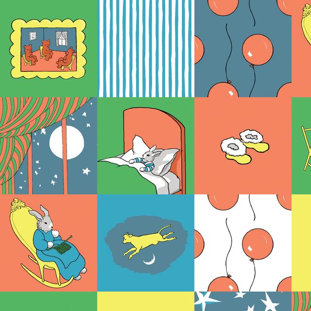 Colorful patchwork pattern with various illustrations including animals and abstract shapes.