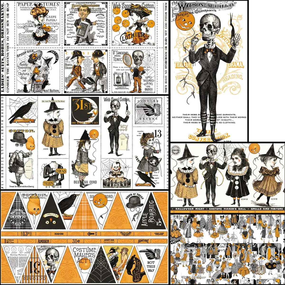 Halloween-themed fabric with black and orange designs featuring skeletons, cats, and pumpkins.