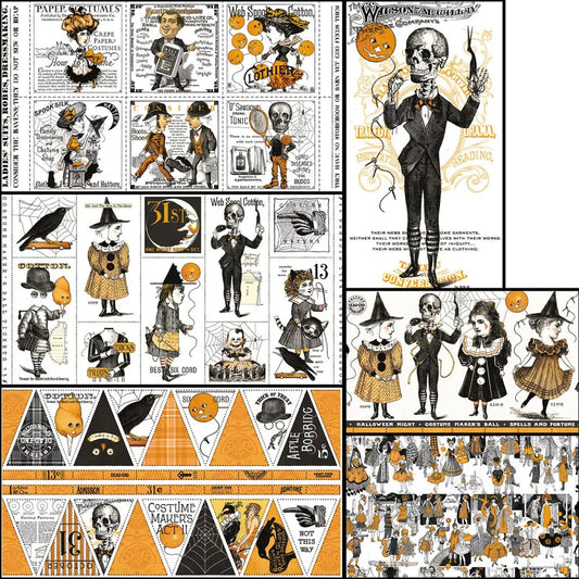 Halloween-themed fabric with black and orange designs featuring skeletons, cats, and pumpkins.
